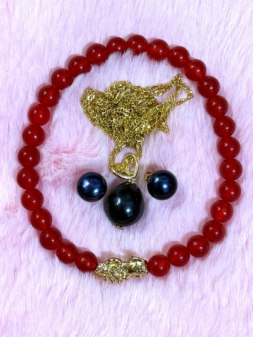 14K Gold Plated Black Tahitian Pendant Necklace,Earrings,Natural Garnet Bracelet